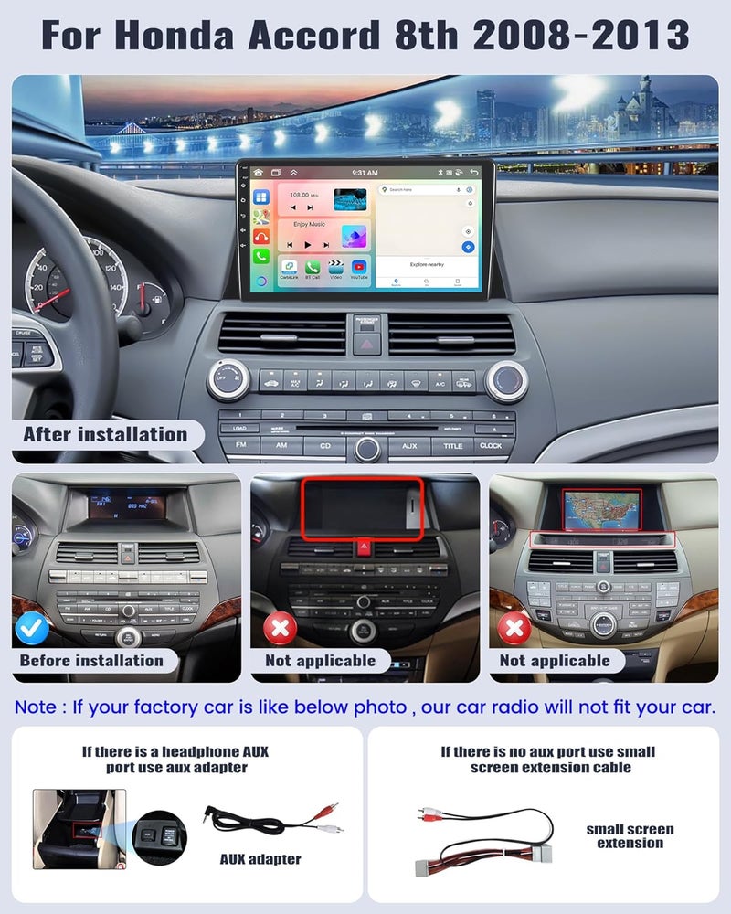 SIXWIN Android Car Stereo for Honda Accord 2008 2009 2010 2011 2012 2013 10.1 Inch Touch Screen 2G+64G CarPlay Android Auto Car Radio Bluetooth GPS Navigation WiFi FM SWC Backup Camera MIC - Image 2